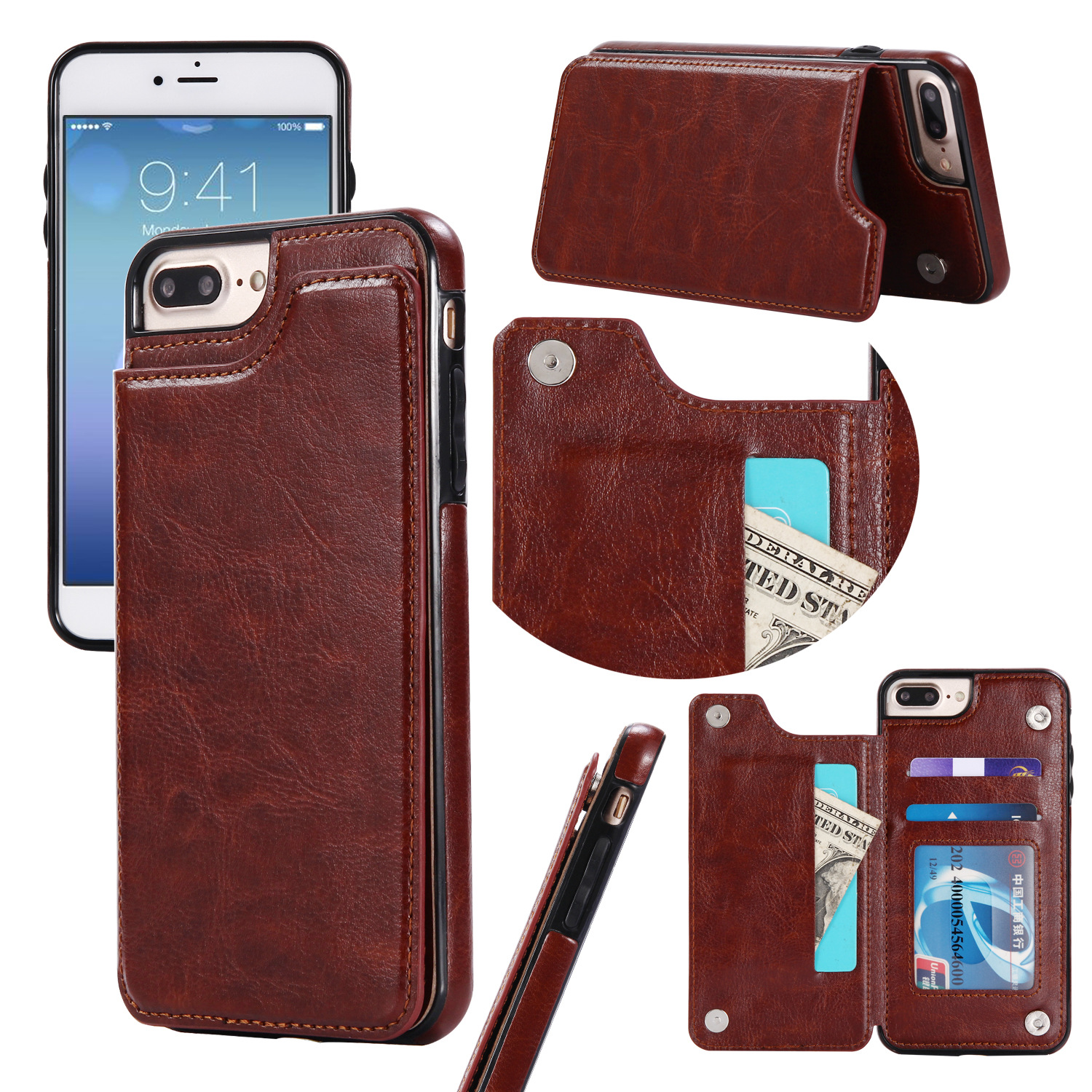 iPhone 8 Plus / 7 Plus Flip BOOK Leather Style Credit Card Case (Brown)